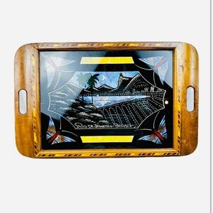 Vintage butterfly wing glass mahogany wood inlay serving tray - Rio de Janiero